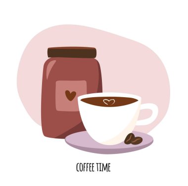 Kavanozda fasulye olan bir fincan kahve.