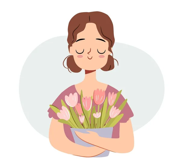 Χαριτωμένο Κορίτσι Μπουκέτο Λουλουδιών Λουλουδάκια Στα Χέρια Γυναικείος Χαρακτήρας Ημέρας — Διανυσματικό Αρχείο