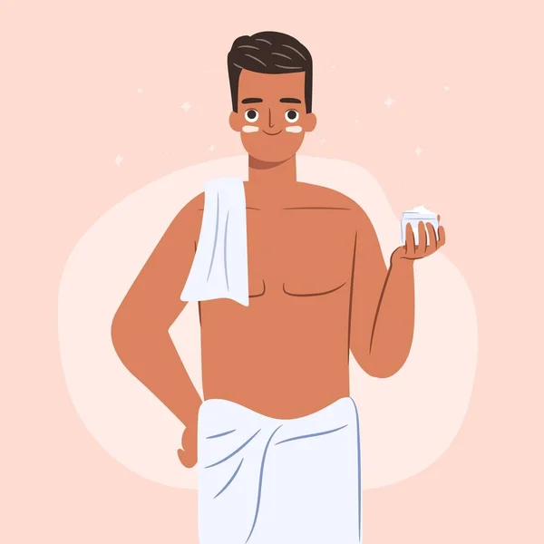 Skincare Routine Concept Man Happy Young Guy Towel Holding Face — Vettoriale Stock