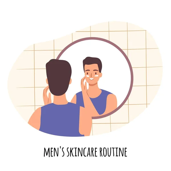 Skincare Routine Concept Man Applying Face Cream Bathroom Mirror Happy — ストックベクタ