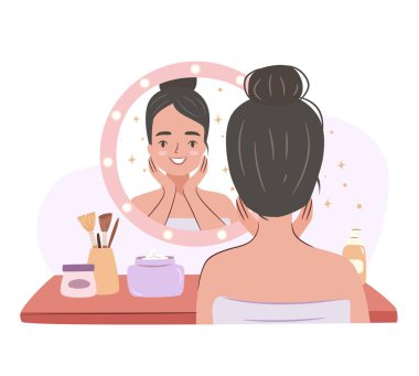 Girl doing skin care routine at a mirror. Beauty procedures at the dressing table. Vector concept