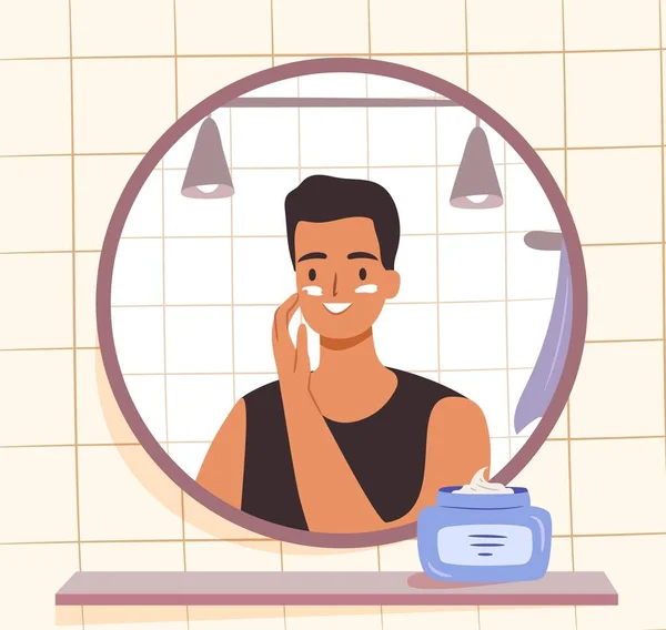 Skincare Routine Concept Man Applying Face Cream Bathroom Mirror Happy — Stok Vektör