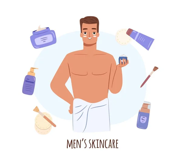 Skincare Routine Concept Man Happy Young Guy Towel Holding Face — ストックベクタ