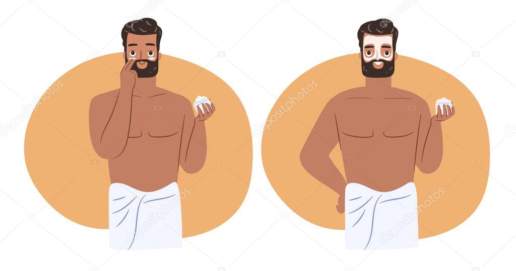 Skincare routine concept for man. Happy young guy in towel holding a face cream in hand. Vector isolated character