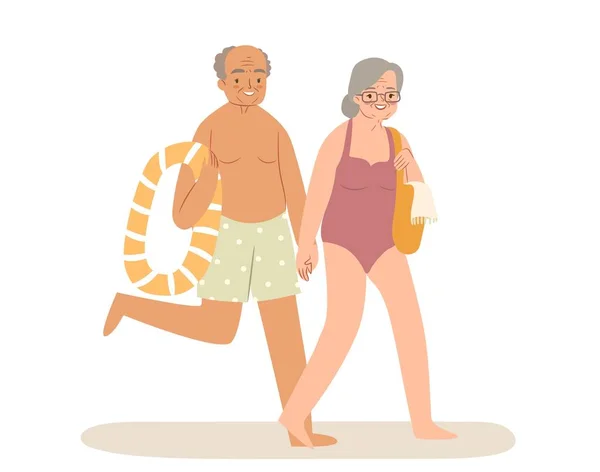 Senior People Walk Beach Grandparents Ready Swimming — Stockvector