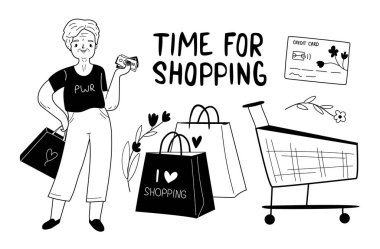 Shopping doodle set. Senior woman with money at store.
