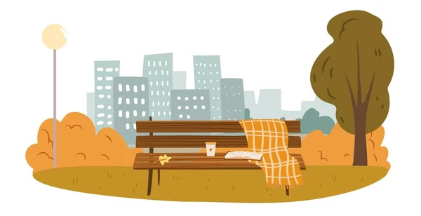 Autumn City Background Fall Park Bench Coffee Plaid Blanket — 스톡 벡터