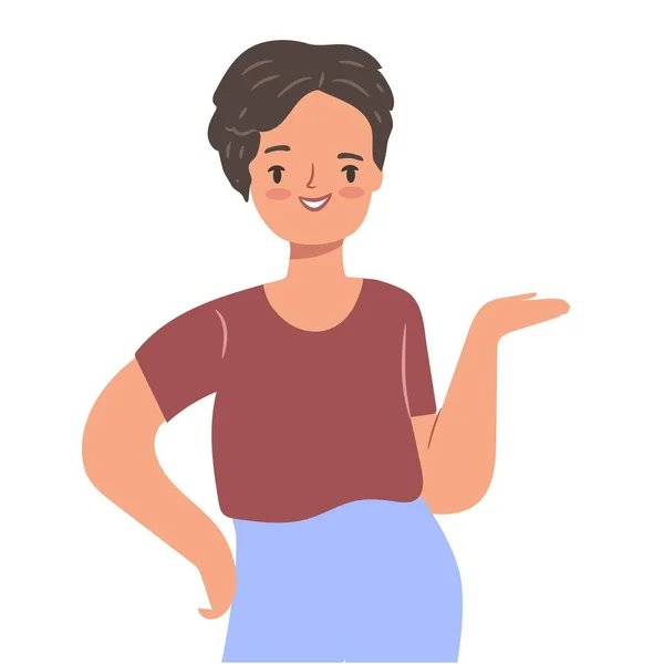 Confident Woman Talking Shoing Something Flat Vector Character — Stockový vektor