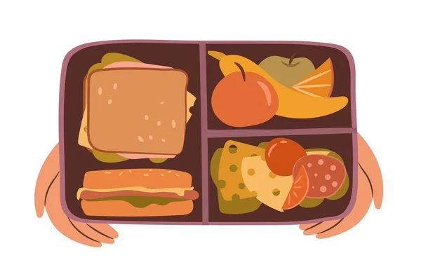 Lunchbox Meal Hands Concept Food Container Break School Work — Stock Vector