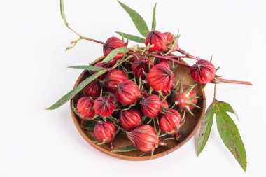 Taze Roselle meyvesi (Jamaika doru, Rozelle veya hibiscus sabdariffa) beyaz arka planda izole edilmiş ahşap kasede..