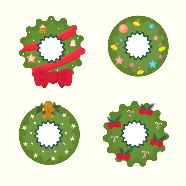 Christmas set of four wreaths with balls, bells, toys. Decoration on the door. — Stock Vector