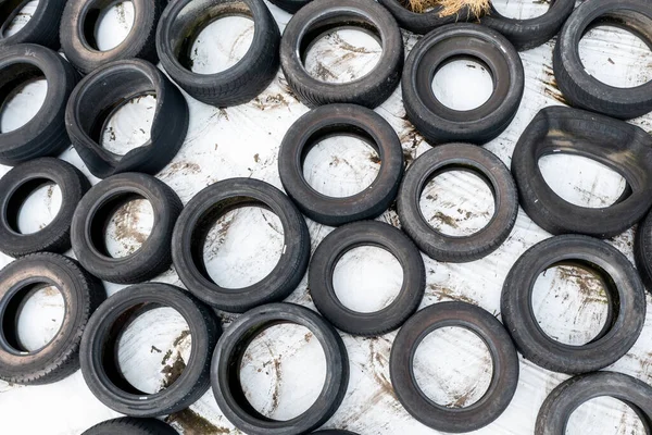 Muchos Neumáticos Automóviles Usados Antiguos Cierran Sobre Fondo Blanco — Foto de Stock