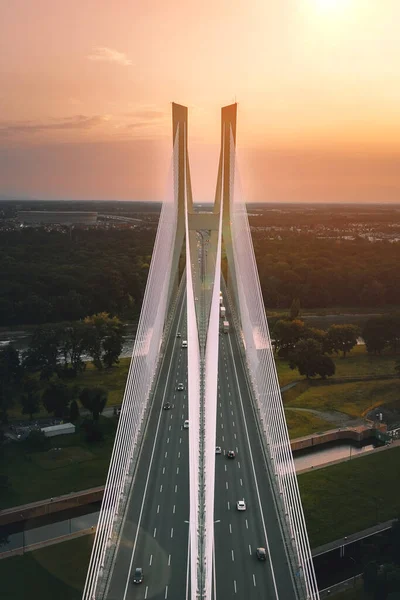 Large Bridge Pylons Backdrop Setting Sun Redzinski Bridge Wroclaw Poland — Stock Photo, Image