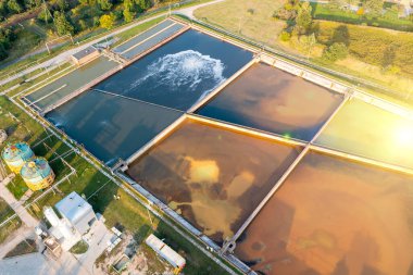 Büyük bir tortu tankı grubu. Su yerleşimi, su istasyonundaki biyolojik organizmalarla bir su deposunda temizlik. farklı derecedeki atık su tedavisi