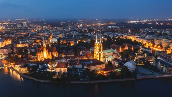 Panorama Nocturno Antigua Ciudad Europea Wroclaw Desde Arriba Hermoso Casco — Foto de Stock