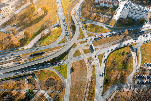 Urban transport interchange in the city. View from above. Wroclaw. Poland