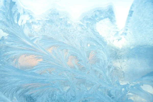 Ijspatronen Glas Sneeuw Het Raam Winterachtergrond Rechtenvrije Stockfoto's