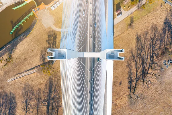 Énorme Pont Blanc Avec Pylônes Photo Aérienne Wroclaw Pologne — Photo