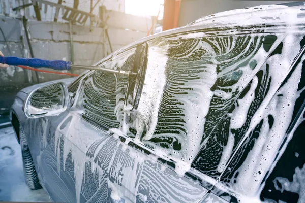 Biltvätt Med Tvättborste Biltvätt Mycket Aktivt Skum Bilen — Stockfoto