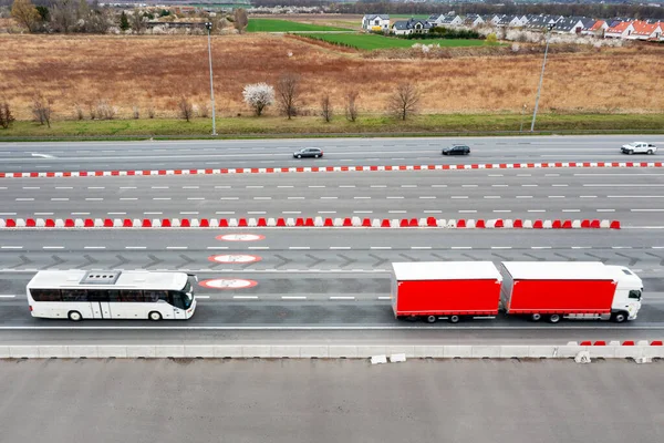 Red Truck Driving Highway Side View — 스톡 사진