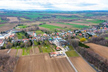Yukarıdan köy manzarası, yeşil tarlalar ve dağlar arasındaki özel kır evlerinin havadan görünüşü