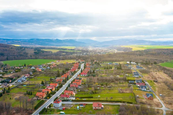 Village Landscape Aerial View Private Rural Houses Green Fields Mountains — Foto de Stock