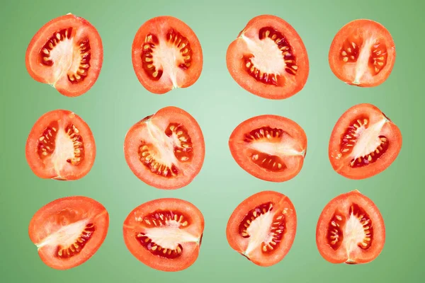 Sliced Tomatoes Green Background Lot Ripe Tomatoes — Stock Photo, Image