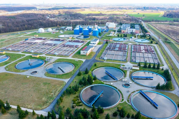 Aerial View Water Treatment Plant Purification Urban Industrial Waters — Stock Photo, Image