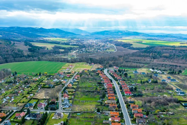 Village Landscape Aerial View Private Rural Houses Green Fields Mountains — Foto de Stock