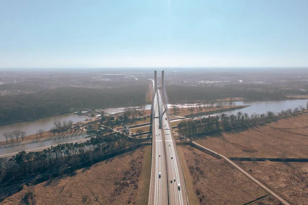 Aerial View Motorway Passing Redzinski Bridge Wroclaw Poland Bridge Pylons — Stock Photo, Image