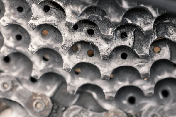 Rear sprocket cassette on a bicycle, worn teeth on a bicycle sprocket