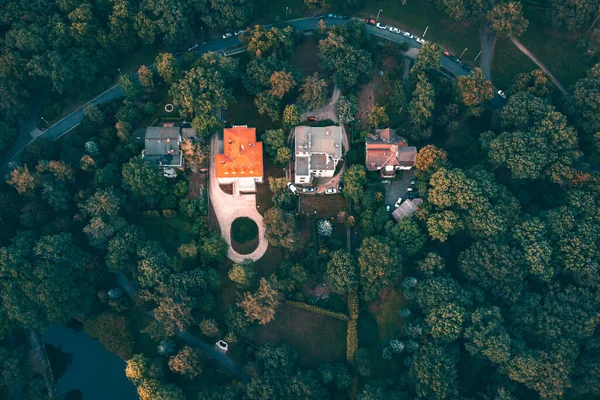 Uitzicht Vanuit Lucht Een Huis Omgeven Door Bos Eenzaamheid Met — Stockfoto