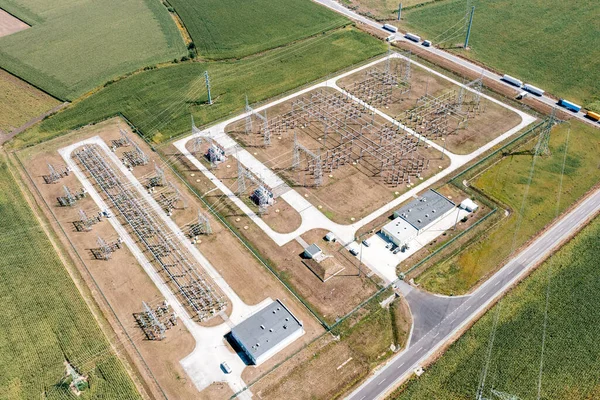Electrical distribution substation, power lines, aerial view