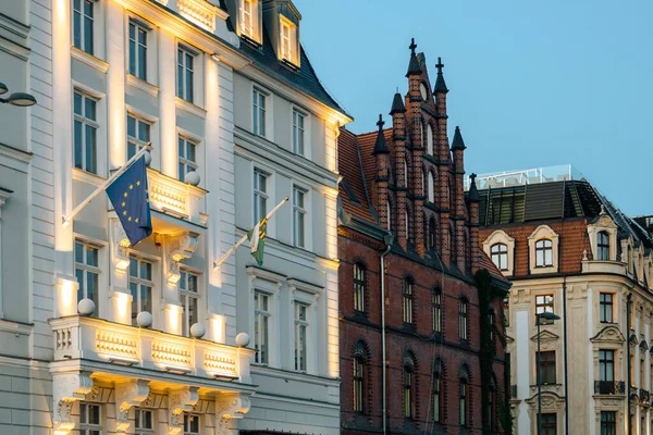 EU flag on government building, illuminated EC flag