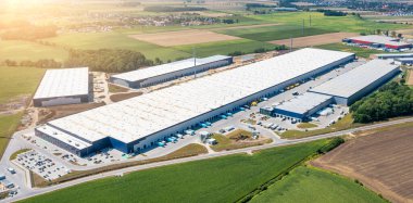 Modern European logistics warehouse for worldwide delivery of goods, warehouse, aerial view