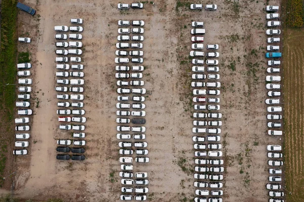 Aerial View Large Car Park White Cars — Foto Stock