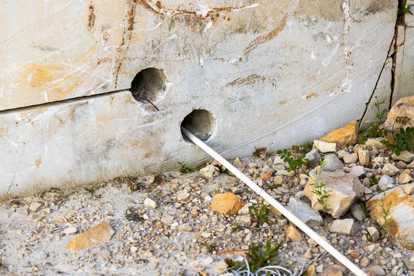 Rock Holes Laying Explosives Setting Dynamite Rock —  Fotos de Stock