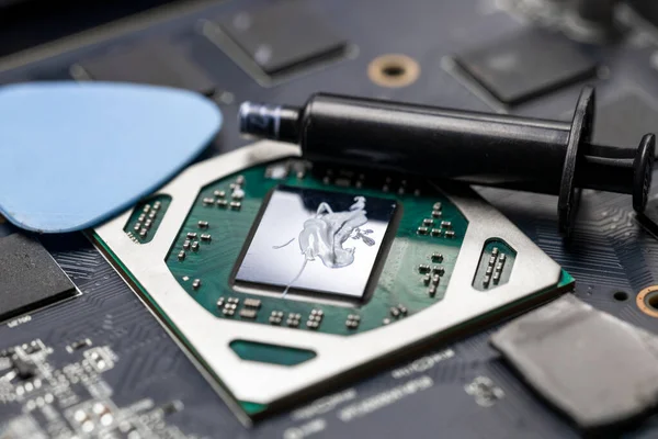 A tube of thermal paste lies near the video card chip, the master changes the thermal paste on the video card