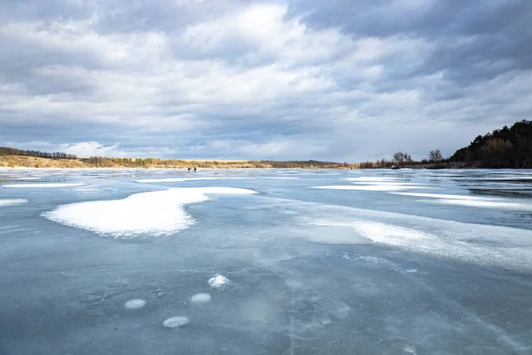 Winter Landscape Frozen River Sunset Heavy Frost Frozen River Winter — Stock fotografie