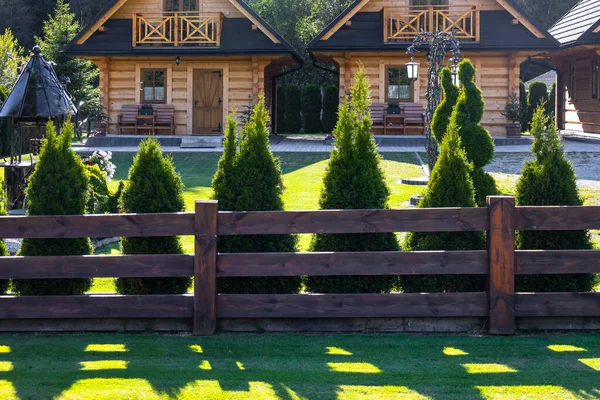 Wooden Fence Made Planks Arborvitae Planted Nearby — ストック写真