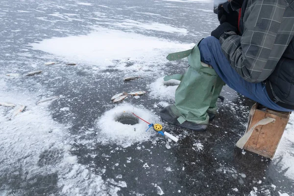 Fishing Rods Lie Ice Ice Hole Winter Fishing Frozen Lake — стоковое фото