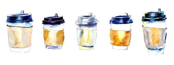 Чашка кофе набросок. Акварель иллюстрации набор из пяти чашек
