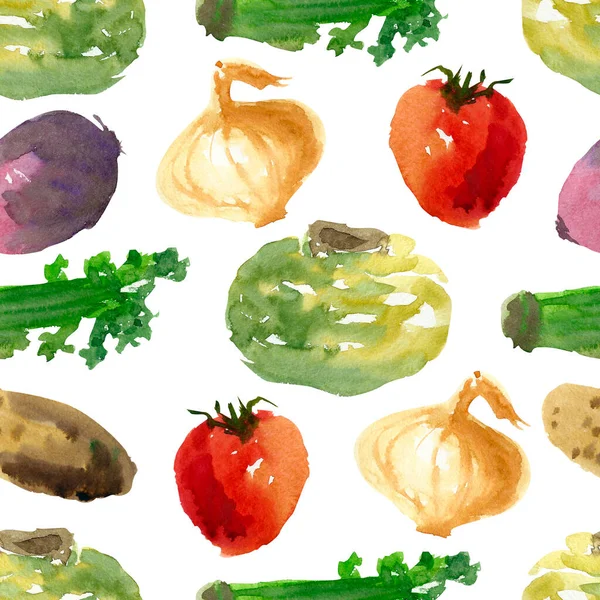 Bosquejo de frutas y verduras acuarela. Patrón sin costuras. Dibujar a mano ilustración. — Foto de Stock