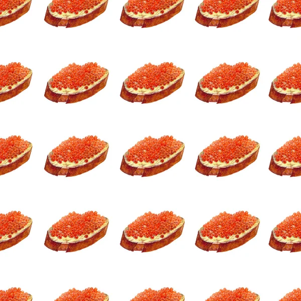 白色背景上有红色鱼子酱的水色无缝三明治 — 图库照片
