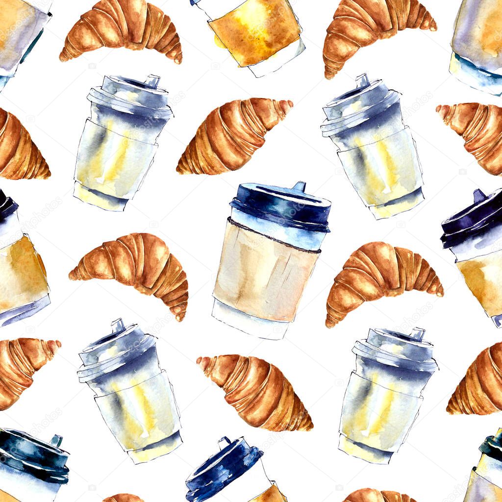 Cup of coffee and croissant seamless pattern. Watercolor illustration.