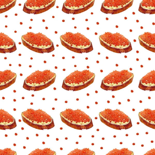Sandwich motif aquarelle sans couture avec caviar rouge sur fond blanc — Photo