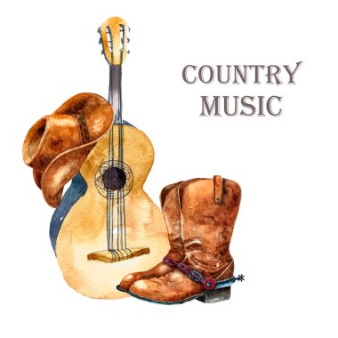 Suluboya country müzik seti. El çizimi çizimleri.