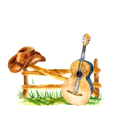 Suluboya country müzik seti. El çizimi çizimleri.