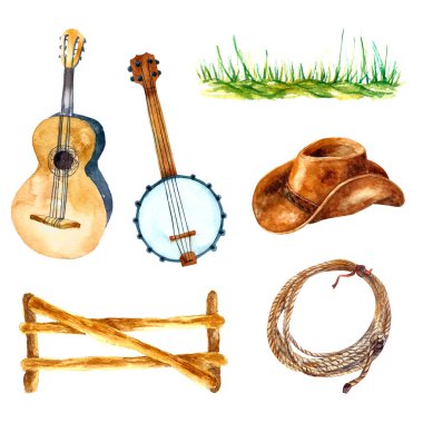 Suluboya country müzik seti. El çizimi çizimleri.