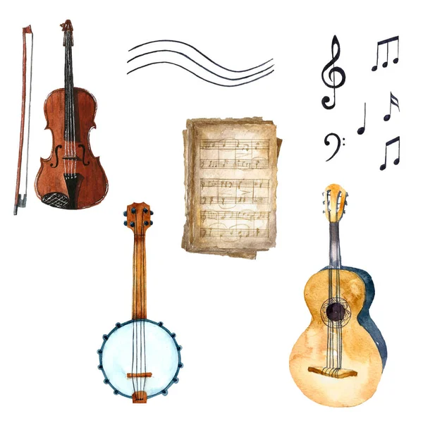 Akwarela banjo, gitara, skrzypce, notatnik muzyczny i nuty. — Zdjęcie stockowe